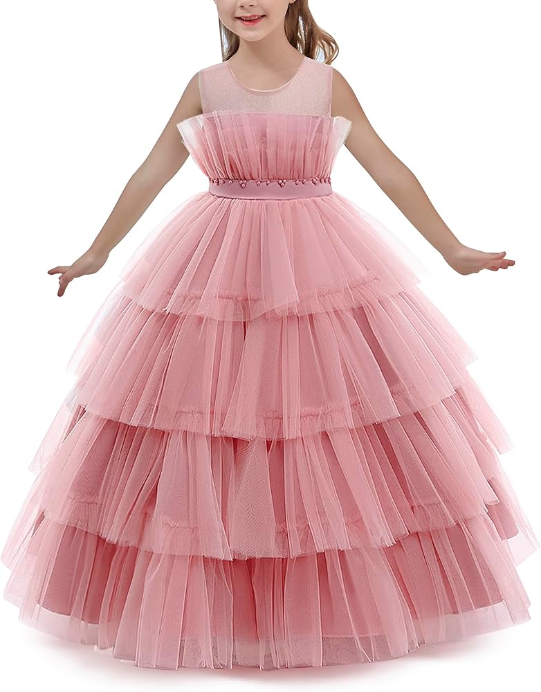 Flower Girls Dress Wedding Party Bridesmaid Pink White Tutu Tulle Floor Length Evening Formal Pegeant Dance 3-12 Years