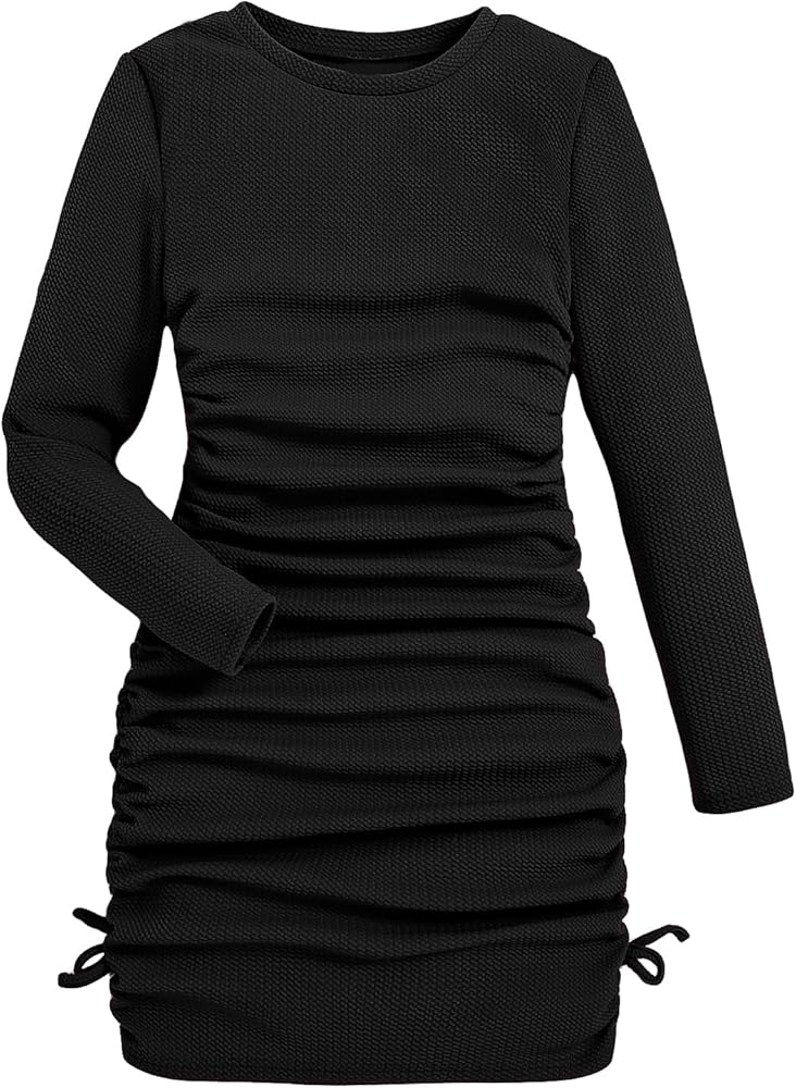 OYOANGLE Girl's Ruched Knitted Long Sleeve Round Neck Dress Drawstring Side Short Dresses