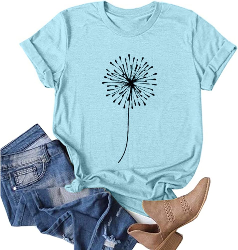 Summer Top for Women Cute Floral Graphic Tees Crewneck Short Sleeve Shirts Dandelion Teen Girls Casual Cotton Tshirts