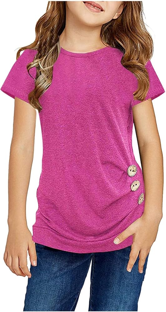 Knot Tunic Button Short Girls Sleeve Tshirt Casual Tops Front Blouse Tee Kids Girls Tops Tunic (Hot Pink, 12-13 Years)