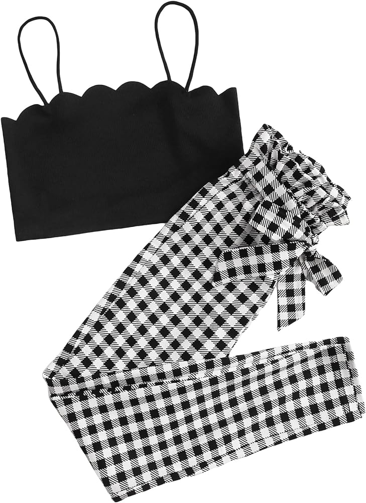 OYOANGLE Girl's 2 Piece Outfits Scallop Trim Crop Cami Top and Plaid Paperbag Belted Pants Set