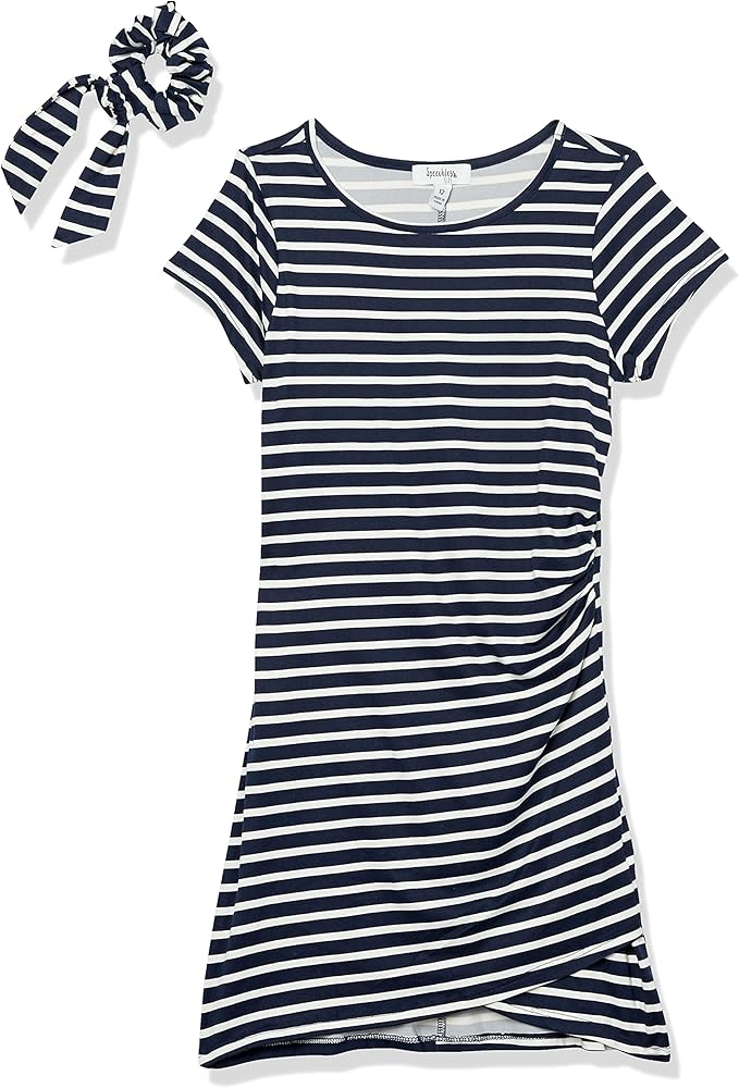 Speechless Girls' Short Sleeve Striped Knit Dress and Scrunchie