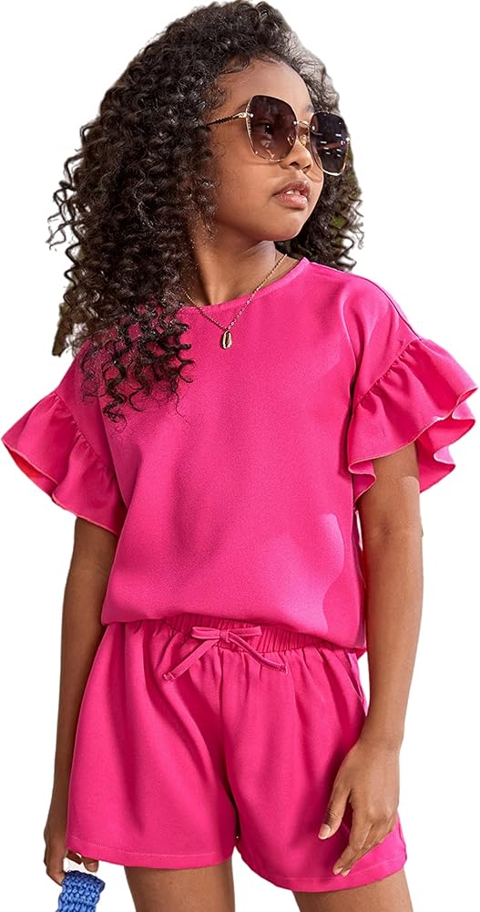 Milumia Girl's 2 Piece Outfits Ruffle Trim Short Sleeve Crew Neck Blouse and Shorts Set