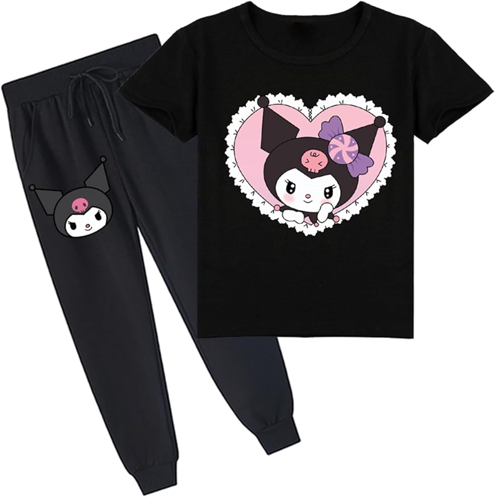 Graphic Clothes Set Crewneck Tee Shirt and Jogging Pants Short Sleeve Pullover Tops for Kid Girls