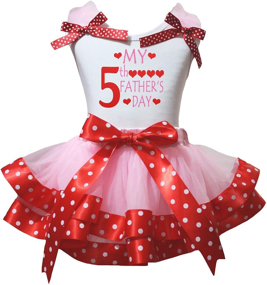 Petitebella My 5th Father's Day White Shirt Dots Pink Petal Skirt Set Nb-8y