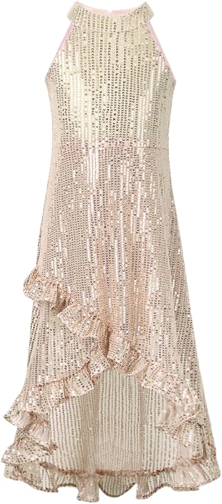 WELAKEN Girls Sequin Dress for Kids Sparkly Halter Neck Sleeveless Casual Party Wedding Twirl Dresses