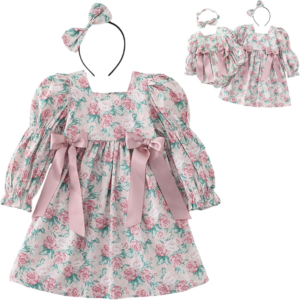 Sisters Matching Dresses with Bow Headband Little Girls Long Sleeve Floral Dress Newborn Baby Romper