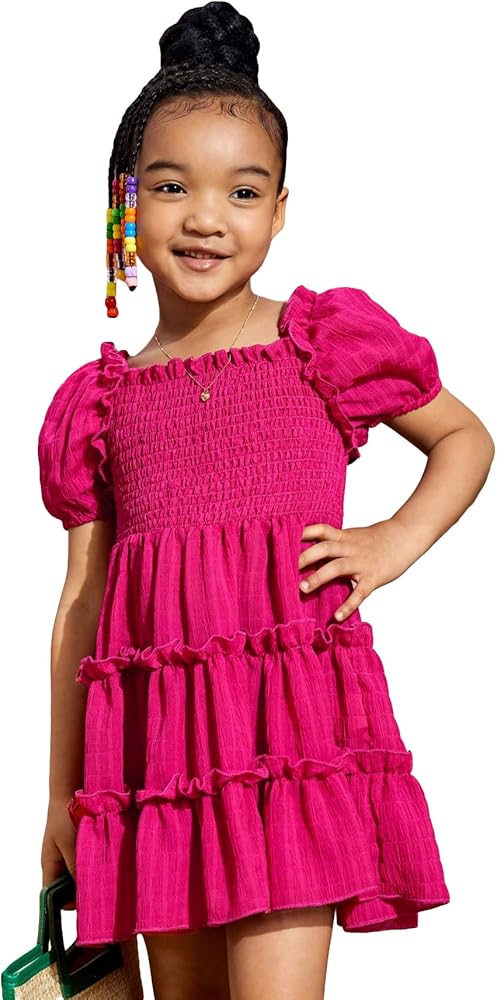 Verdusa Toddler Girl's Puff Sleeve Square Neck Shirred A Line Short Swing Dress