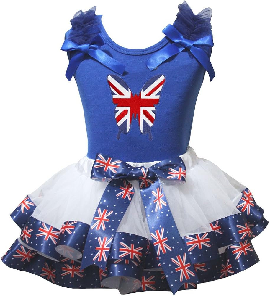 Petitebella British Butterfly Blue Shirt UK Flag White Petal Skirt Set Nb-8y