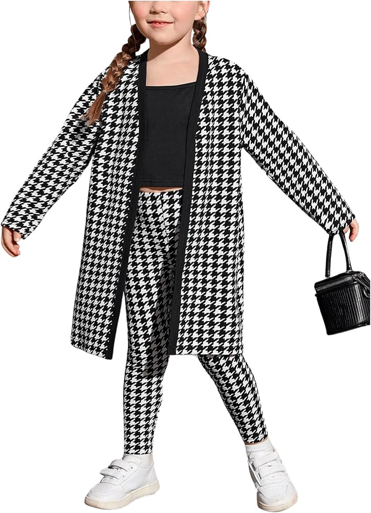 WDIRARA Toddler Girl's 3 Pieces Cami Top And Houndstooth Leggings Pants Set With Long Coat