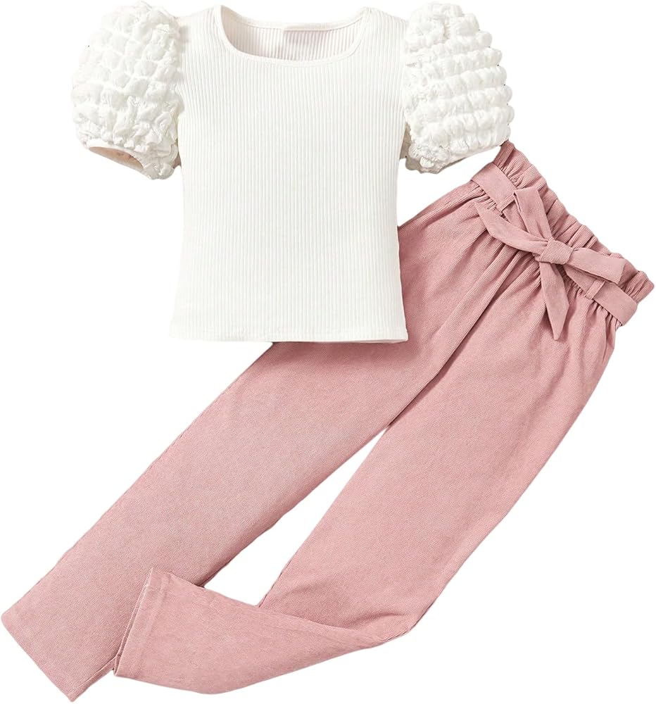 OYOANGLE Girl's 2 Piece Outfits Rib Knit Short Puff Sleeve Square Neck Tee Top and Pants Set