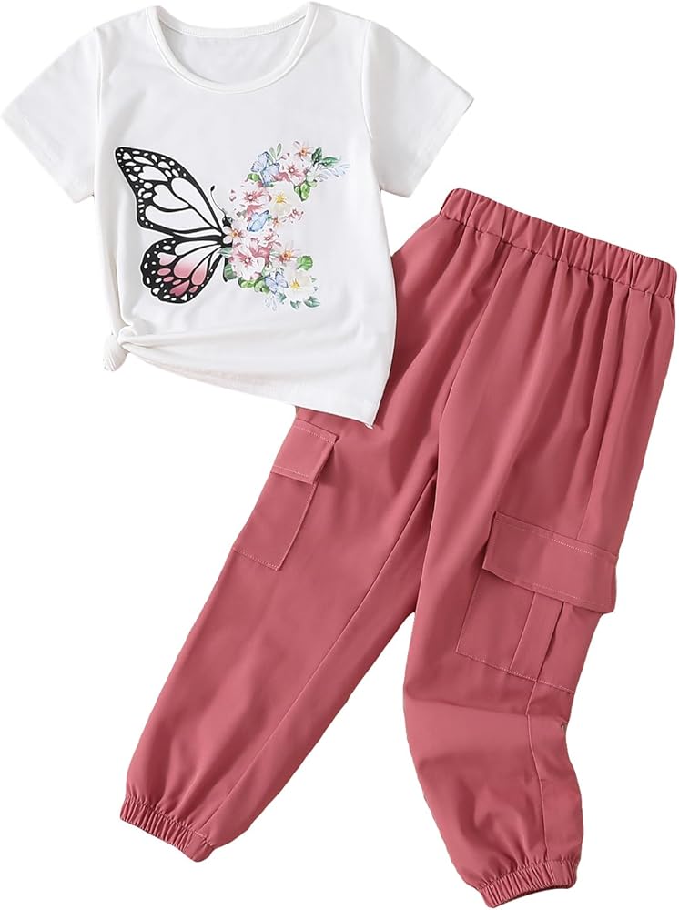 SOLY HUX Girl's Letter Graphic Print Tee Top Ans Flap Pocket Cargo Pants Summer 2 Piece Outfit