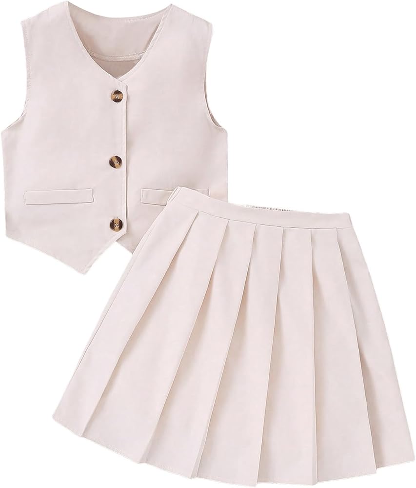 Milumia Girl's 2 Piece Outfits Button Front Blazer Vest and Pleated Skirt Set