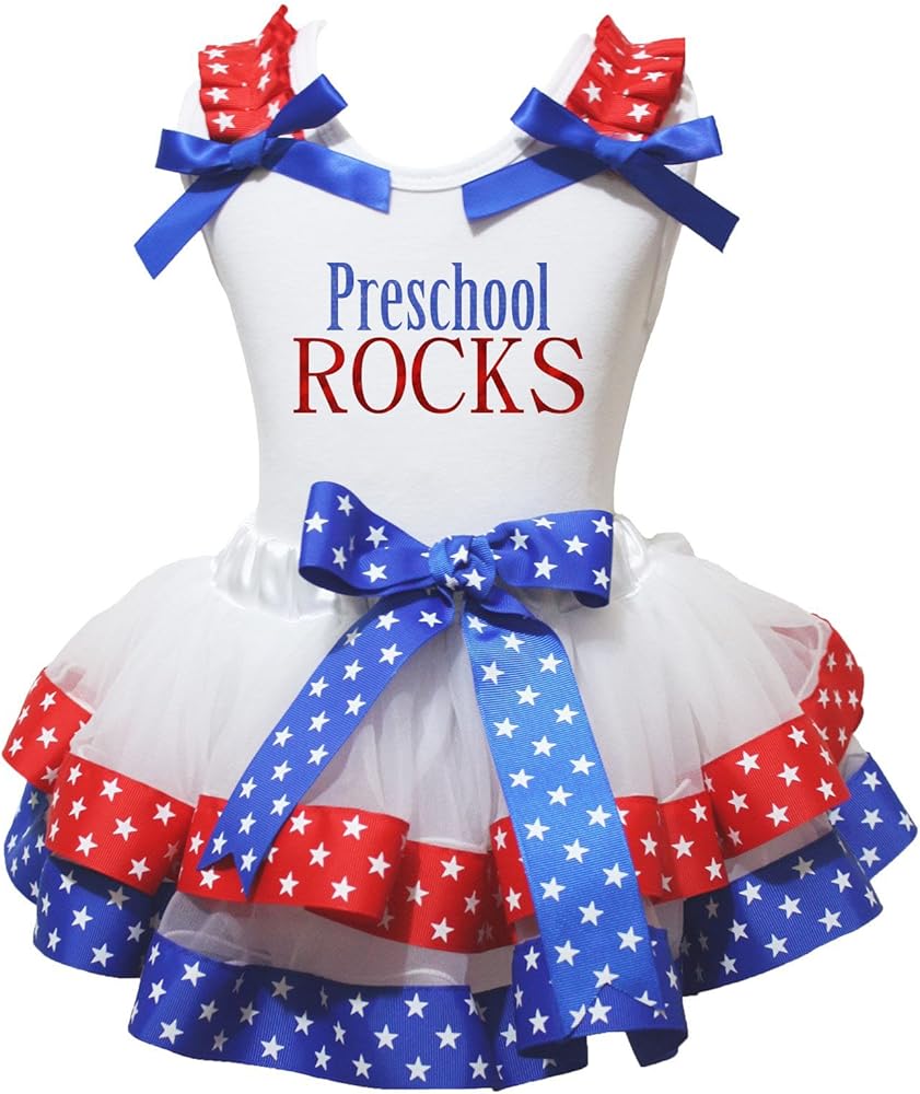 Petitebella Preschool ROCKS Shirt Red Blue White Stars Petal Skirt Set Nb-8y