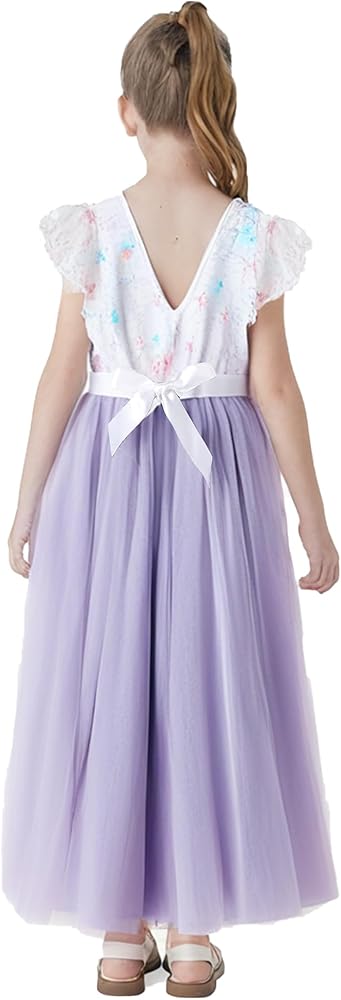 PATPAT Girl's Flower Dress Lace Tulle A-Line Party Birthday Wedding Maxi Long Backless Dresses 4-12 Years