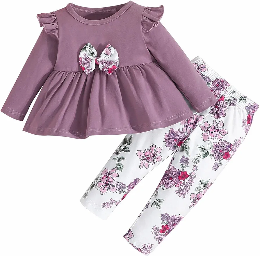 Sinifer Girls Spring and Autumn Skirt Suit Little Girl Casual Long Sleeved Lace Skirt + Flower Trousers (Purple, 6-9Months)