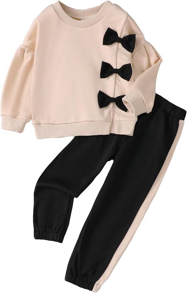 OYOANGLE Girl's 2 Piece Outfits Long Sleeve Bow Front Sweatshirts Top and Striped Side Jogger Sweatpants Set