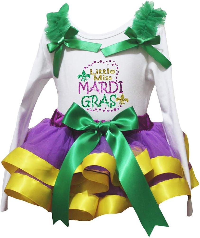 Petitebella Mardi Gras Theme White L/s Shirt Purple Yellow Petal Skirt Nb-8y