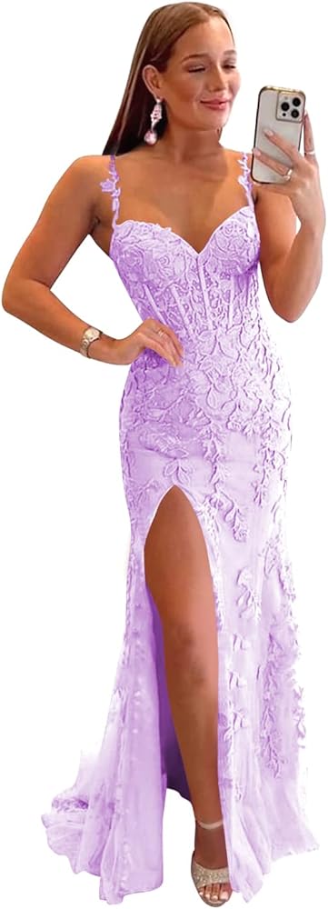 Miao Duo Women's Lace Mermaid Prom Dresses Long with Slit Mermaid Spaghetti Straps Backless Formal Evening Gowns YZTS099