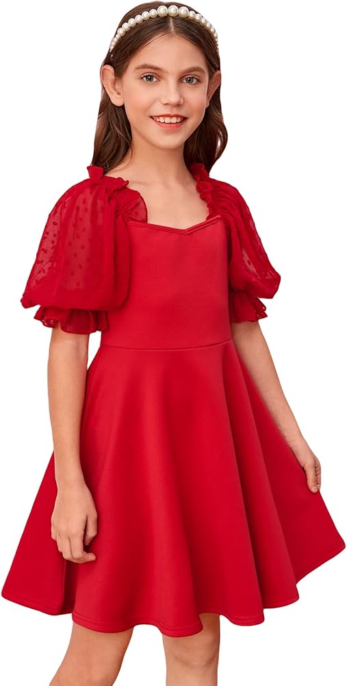 WDIRARA Girl's Sweetheart Neck A Line Fit and Flare Mesh Half Puff Sleeve Party Mini Dress