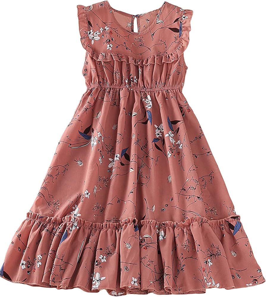 Floerns Girls Floral Print Frill Trim Sleeveless Ruffle Hem A Line Midi Dress