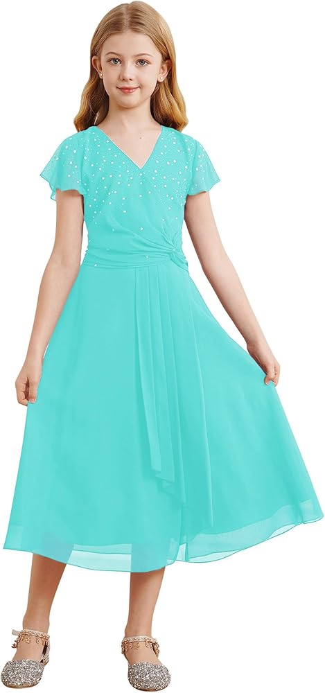 Kids Flower Girls Dress V-Neck Cascade Ruffles Wedding Bridesmaid Party Formal Long Chiffon Gown