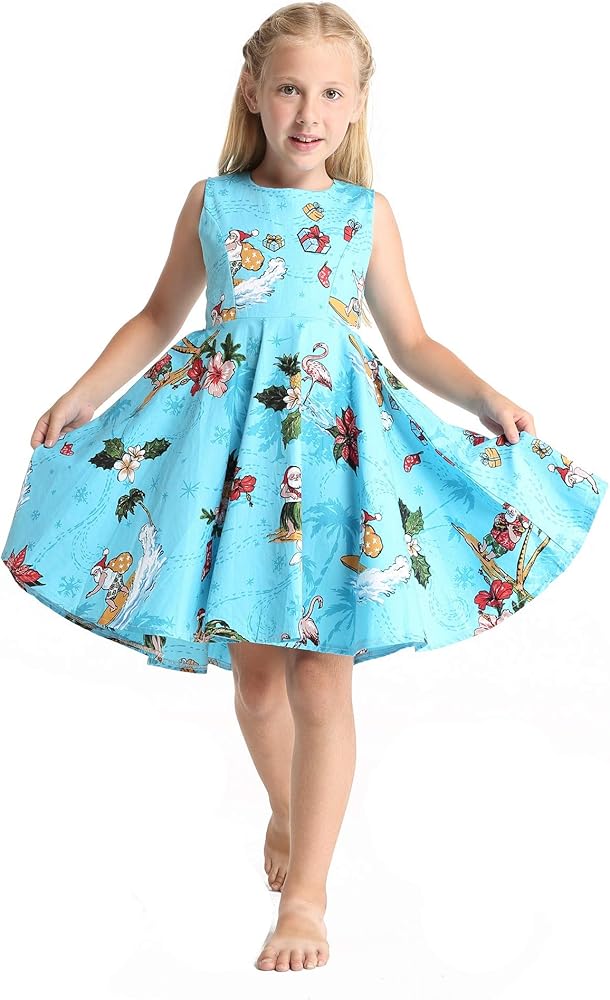 Girl Hawaiian Vintage Fit and Flare Dress in Christmas Santa in Hawaii