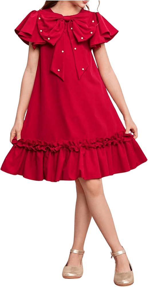 Floerns Girl's Bowknot Pearl Beaded Short Sleeve Ruffle Hem Birthday Party Dress