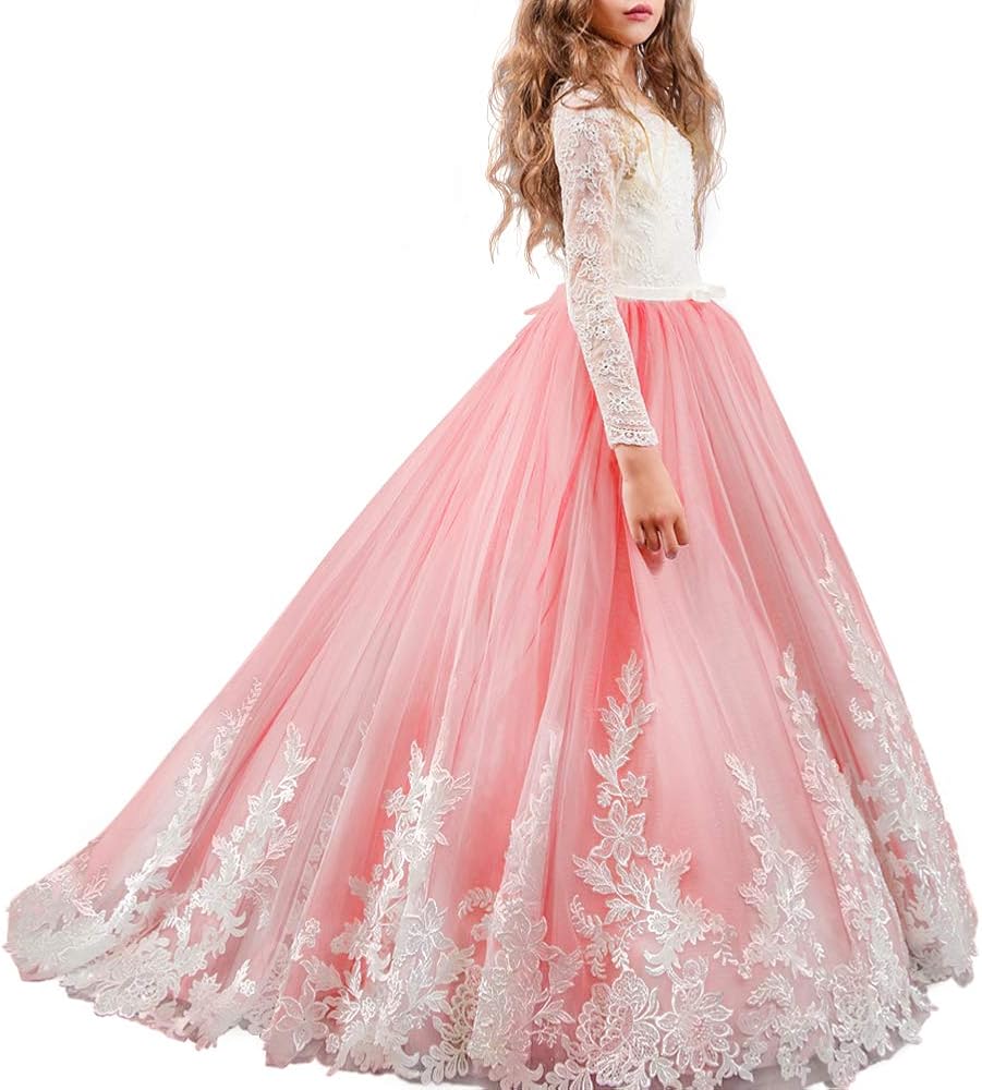 IWEMEK Girl Lace Embroidery Flower Long Sleeve Wedding Trailing Dress Princess Pageant Party Floor Length Communion Prom Gown