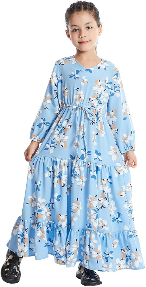 ODIZLI Abaya Dress for Kids Girls Long Sleeve Ruffle Hemline Floral Print Bohemian Casual Modest Fall Dress