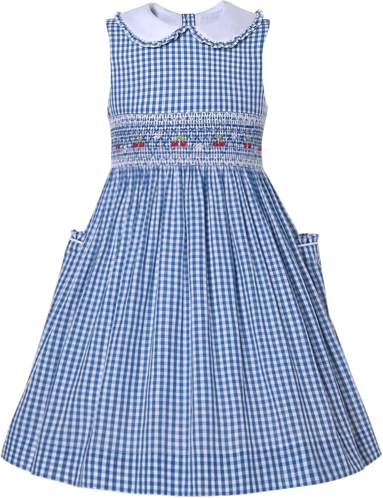 Girls Toddler Blue Plaid Lovely Peter Pan Collar Summer Smocked Dress Clothes Size 3 4 5 6 7 8 10 12 14