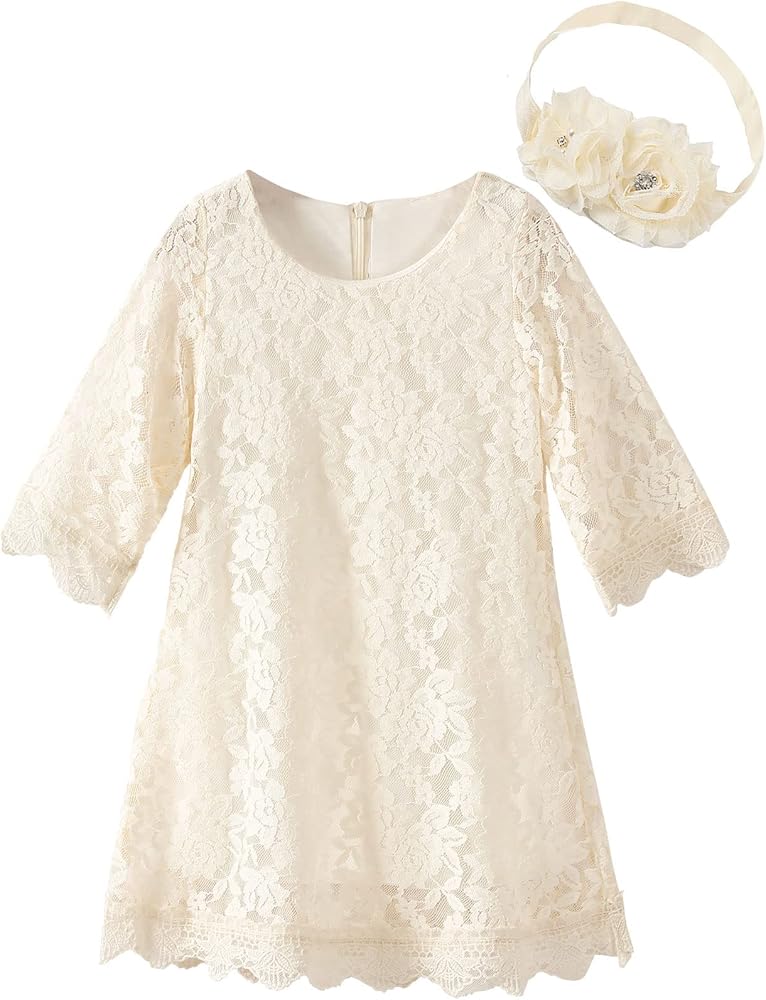 Flower Girl Dress Vintage Lace Knee Length with Headband