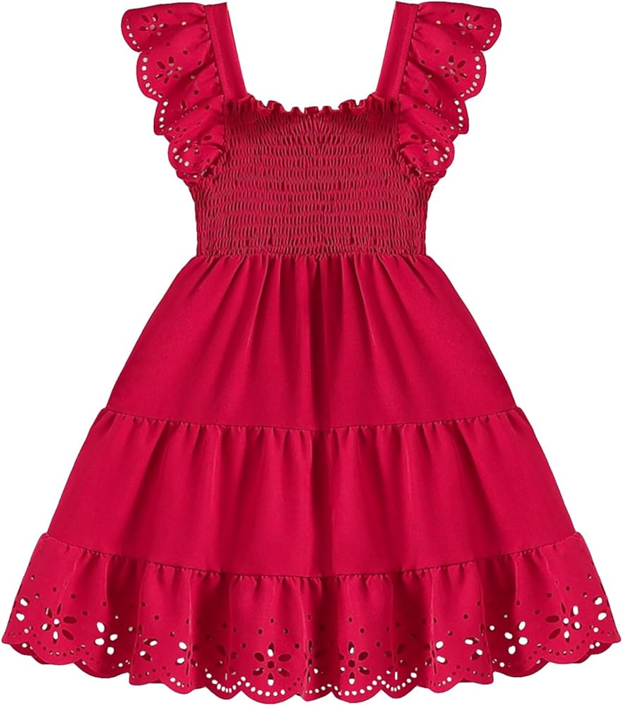 SHENHE Girl's Smocked Ruffle Sleeveless A Line Flowy Summer Cute Cherry Dress Red 6Y