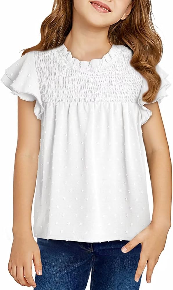 Girls Shirts Pleated Crewneck Ruffled Short Sleeve Tops Cute Swiss Dot Blouse