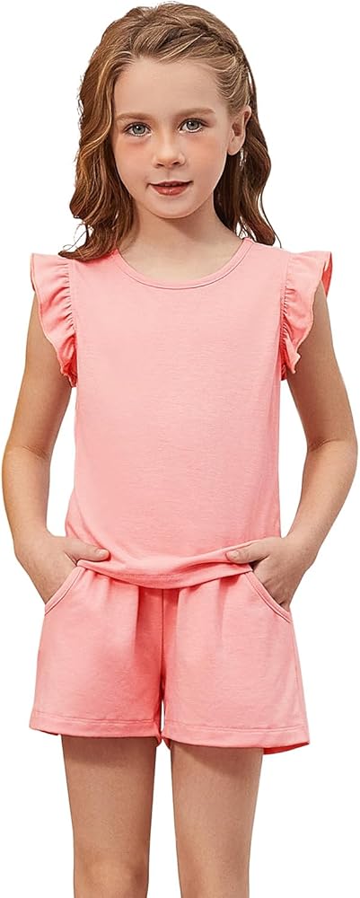 QPANCY Girls 2 Piece Outfits Stylish Tracksuit Ruffle Sleeve Top Kids Summer Shorts Clothing Sets