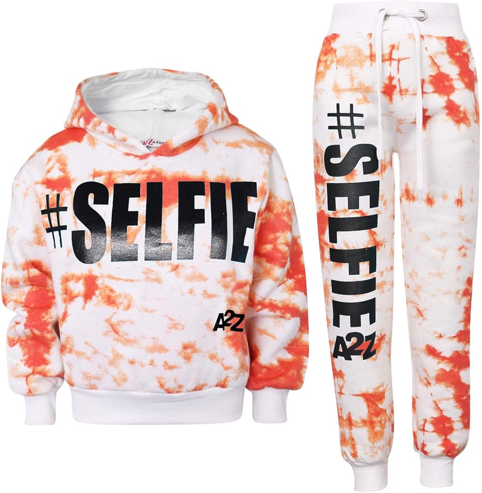 Kids #SELFIE Tie Dye Tracksuit Crop Hoodie Sweatpants Co-ord Set Girls Age 5-13