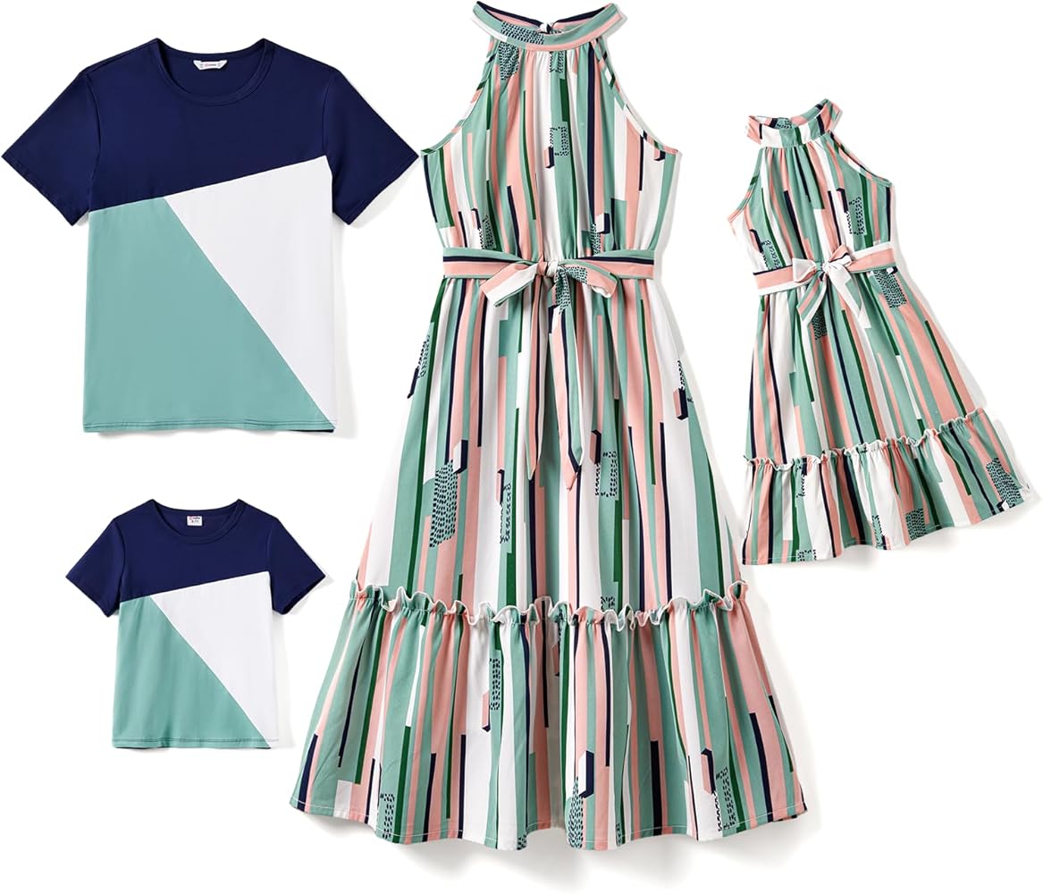 PATPAT Family Matching Outfits Mommy and Me Halter Belted Sun Dresses Multicolor