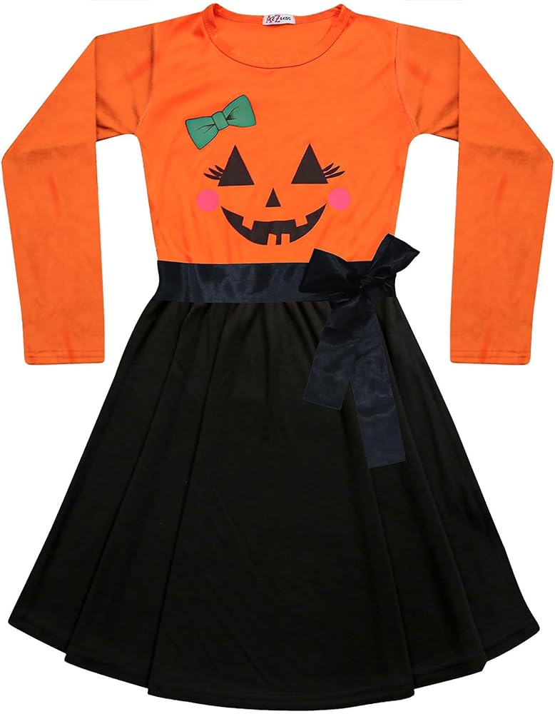 Kids Girls Skater Long Sleeves Contrast Panelled Pumpkin Print Halloween Dresses