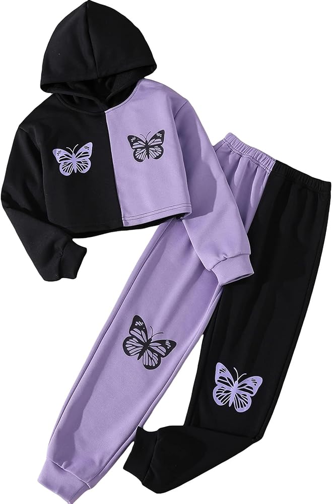 COZYEASE Girls' 2 Piece Outfits Graphic Cute Cropped Hoodie Butterfly Sweatshirt and Sweatpants Sweatsuits