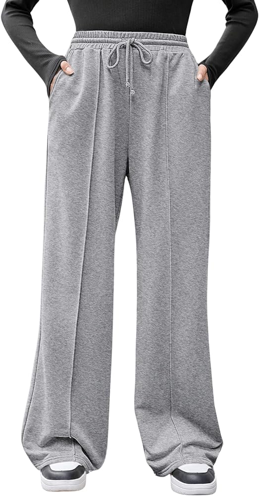 COZYEASE Girl's Wide Leg Sweatpants Elastic Waist Drawstring Straight Leg Baggy Jogger Pants with Pocket