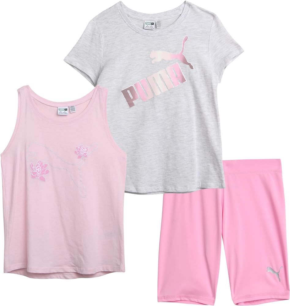 PUMA Girls' Active Shorts Set - 3 Piece Performance T-Shirt, Tank Top, Bike Shorts - Summer Athletic Outfit for Girls (S-XL)