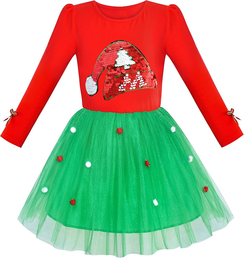 Sunny Fashion Girls Dress Christmas Santa Hat Long Sleeve Party Dress Size 6-12