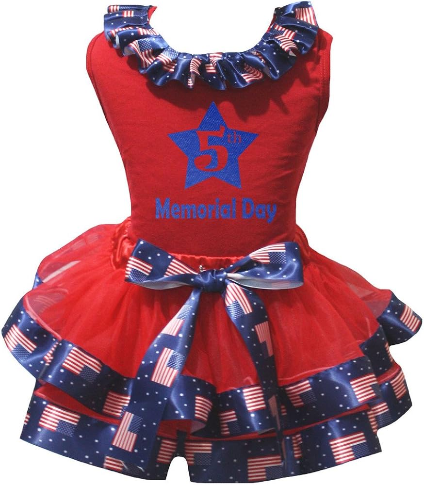 Petitebella 5th Memorial Day Shirt US Flag Blue Ribbon Red Petal Skirt Set Nb-8y