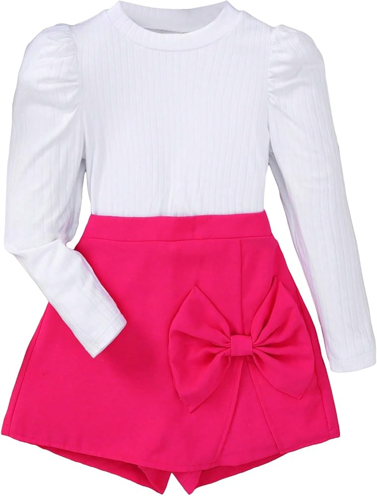 Floerns Girl's Two Piece Outfit Puff Long Sleeve and Bow Front Skorts Set