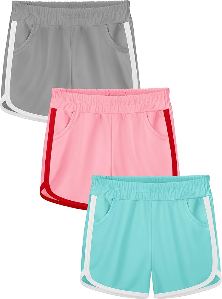 3 Packs Girls Running Shorts Athletic Dolphin Gym Shorts with Pockets Quick Dry Fit Running Shorts