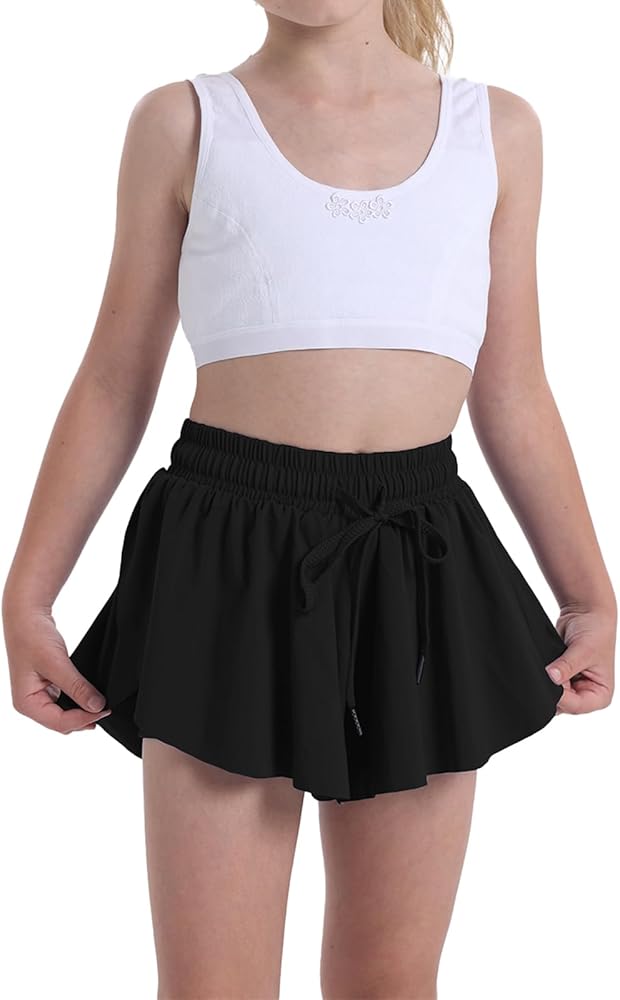 Flowy Shorts for Teen Girls Athletic Gym Running Biker Shorts Preppy Youth Butterfly Shorts（Black-L）