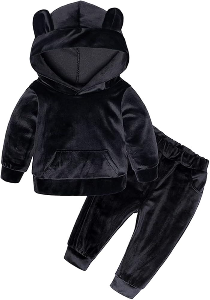 Kid Girls 2Pcs Fashion Velvet Hooded Tracksuit Sweatshirt Tops + Sweatpants Outfits Set Tracksuit