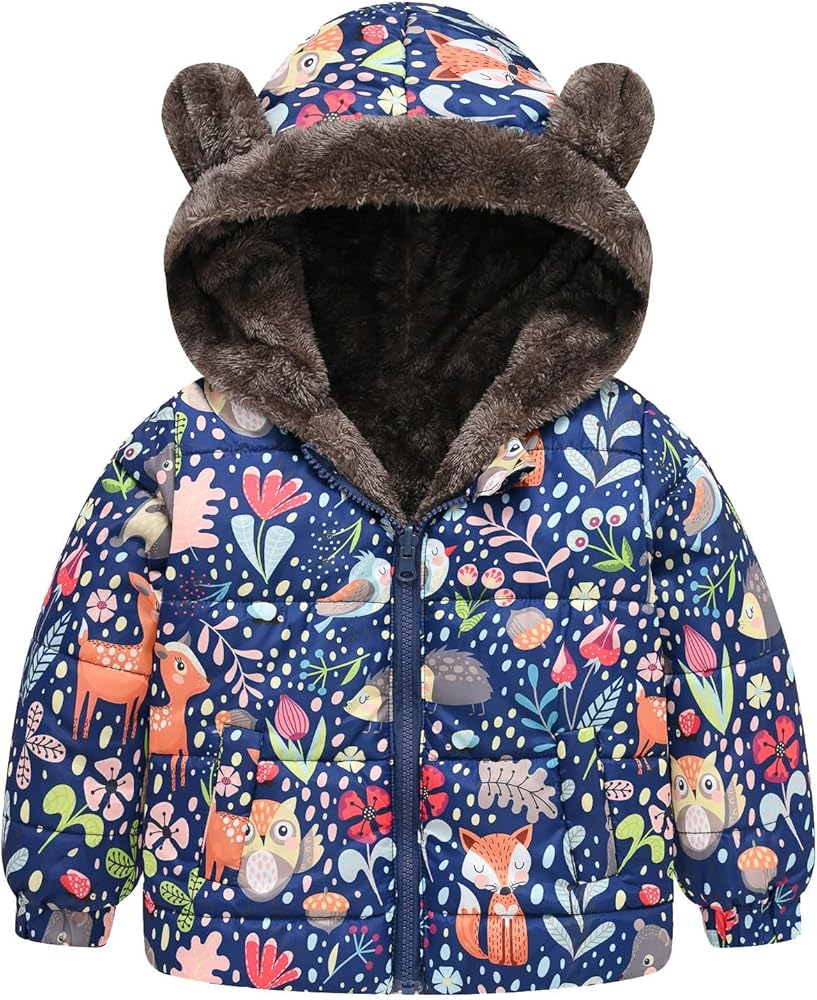 Thick Kids Jacket Baby Jacket Girls Hooded Cartoon Cute Prints Toddler Outwear Zipper Windproof Warm Winter Coat