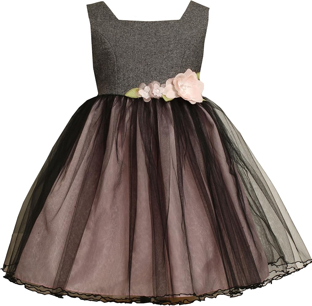 Bonnie Jean Little Girls' Dress Tweed Bodice and Tulle Skirt Dress With Flowers And Organza Bow