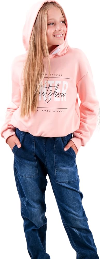 For Girls 2 Piece Long Sleeve Pink Hoodie and Denim Pants Matching Set Winter Outfit 8-14 Years